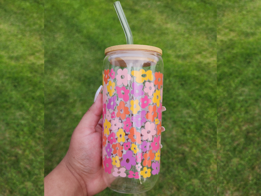 Colorful Flower 20oz Glass Can