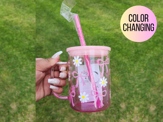 Pink Daisy Color Changing Glass Mug