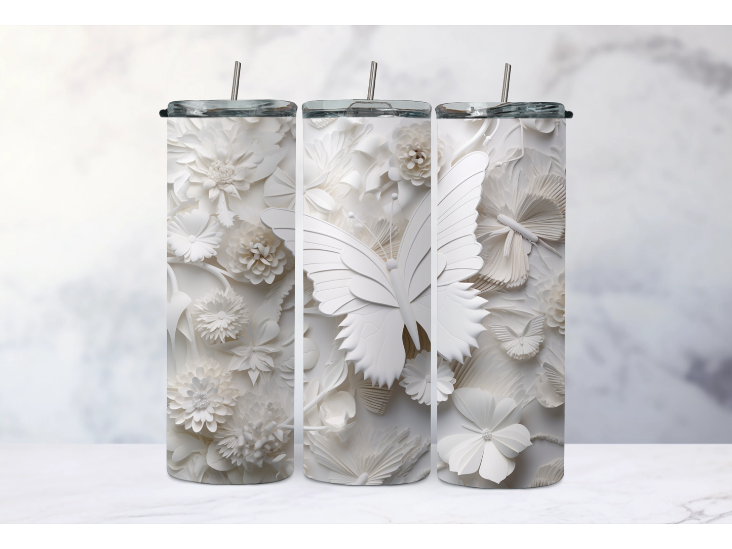 3D White Butterfly Tumbler